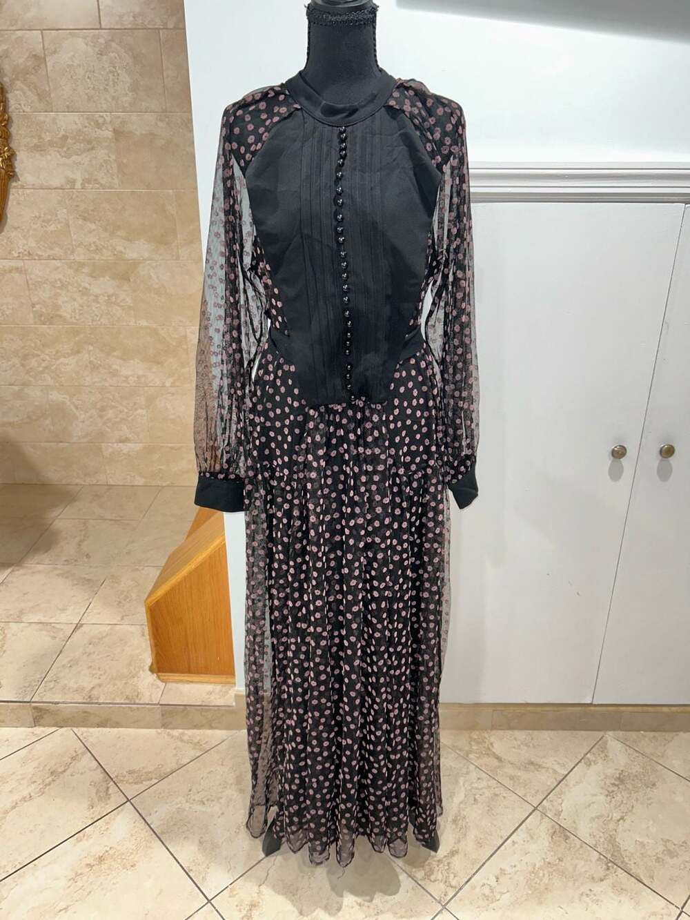 P Pano Black Floral Print Mesh Long Sleeve Maxi Dress with Waist Tie Size 48